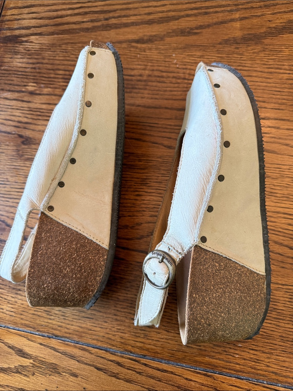 Sergio Tomani Cream Leather Peep Toe cork Wedge Sandals EU 39 Comfort Shoes - Picture 4 of 14